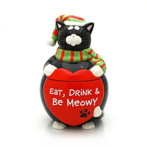 front Eat, Drink & Be Meowy Christmas Cat Treat Jar by Our Name is Mud