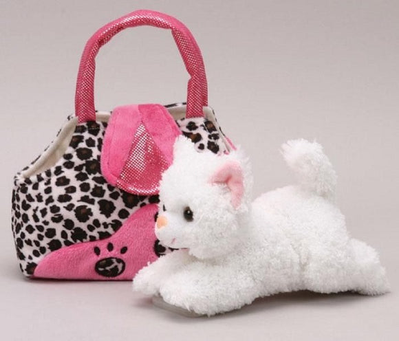 Plush Karimee White Cat with Leopard Carry Tote