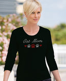 Cat Mom 3/4 Sleeve Scoop Neck Rhinestone Shirt