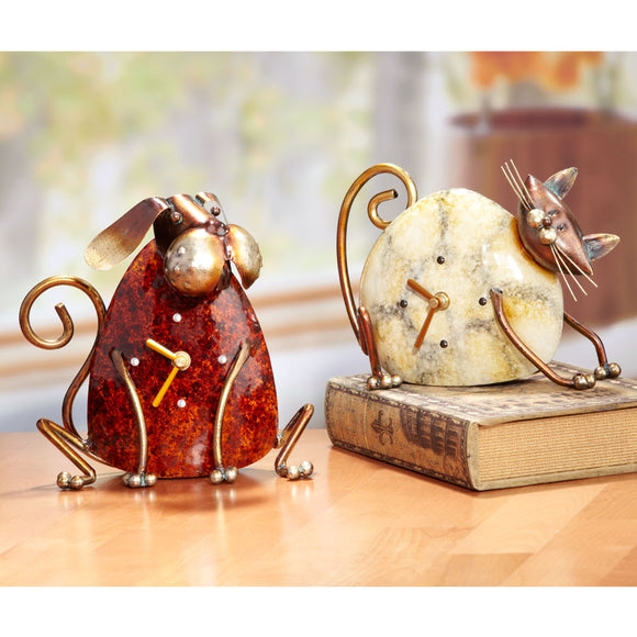 Metal & Stone Figurine Desk Clocks - Dog or Cat by Deco Breeze