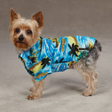 small dog standing wearing a Casual Canine Hawaiian Aloha Camp Dog Shirt