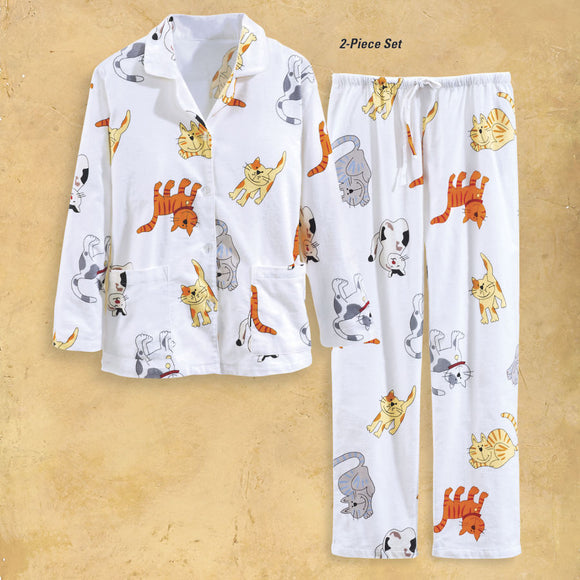 Cat Print Pajama Set - Light Weight Cotton Flannel