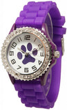 Purple Paw Print Silicone Watch with Crystals