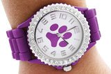 Purple Paw Print Silicone Watch with Crystals on wrist