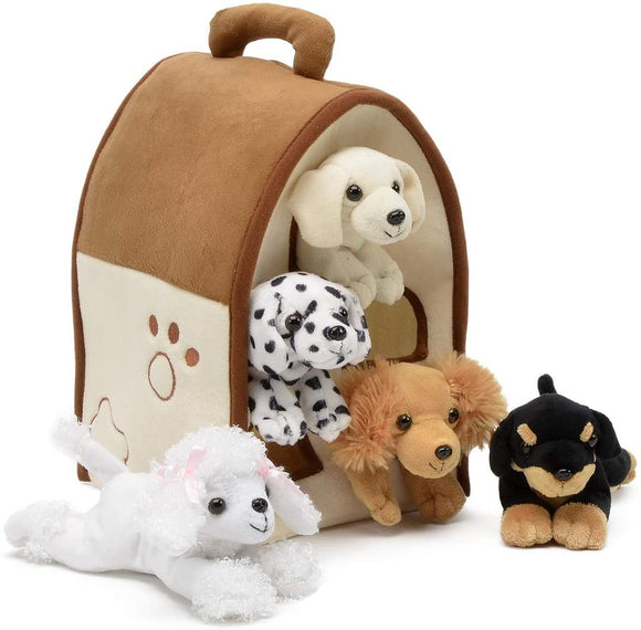 Plush Dog House with Five Plush Puppy Toys in Carrying Case